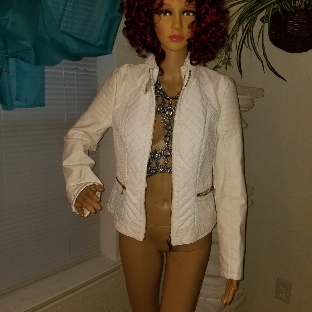 Faux Leather White Moto Blazer Sz Med